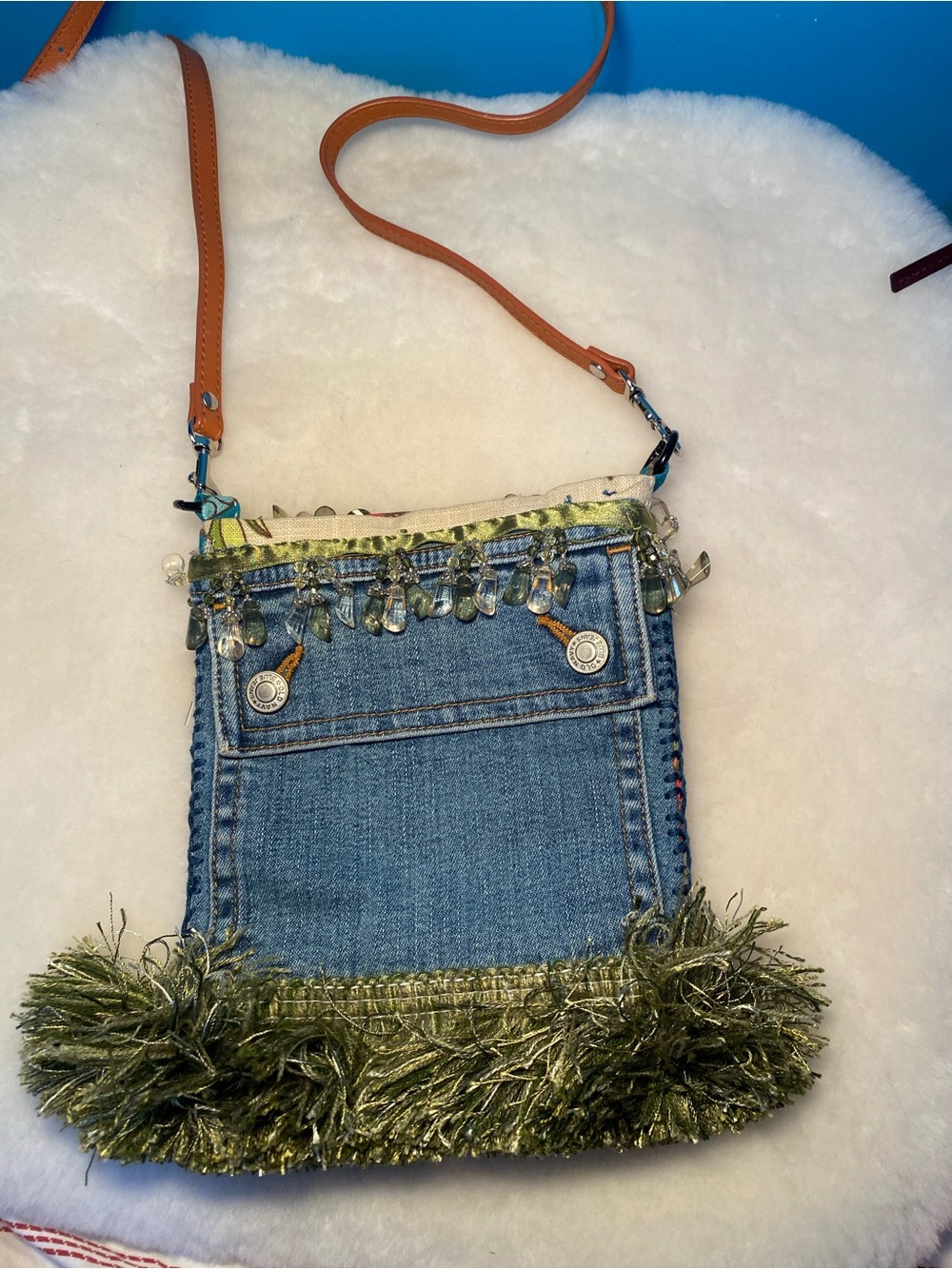 Boho Denim Crossbody Bag with Green Fringe